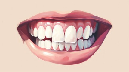 Fototapeta premium Realistic illustration of a smiling mouth with detailed white teeth and soft pink lips on a beige background. Digital painting for dental and design concepts. Generative AI