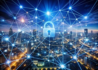 Aerial View of a Digital Lock and Network Connections Symbolizing Cybersecurity, Highlighting Data Protection and Secure Communication in a Modern Tech Environment