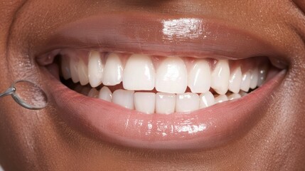 Fototapeta premium Close-up of a bright smile with white teeth and a dental mirror reflecting the lips and gums. Professional dentistry and oral health concept. Generative AI