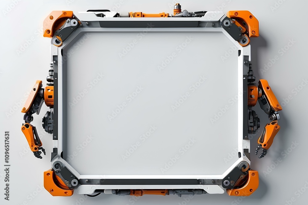Poster sturdy metallic frame with robotic accents, combining futuristic design elements and a high-tech app