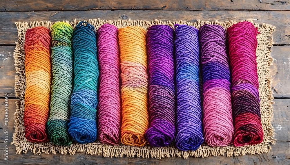 Poster a vibrant display of rolled yarn in various colors arranged on a textured surface.