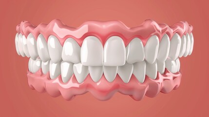 Obraz premium 3D anatomical model of human teeth and gums with detailed upper and lower jaws on a pink background. Educational tool for dental studies, orthodontics, and medical research. Generative AI