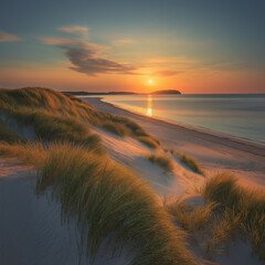 A serene beach scene at sunset, with soft sand dunes and tall grasses leading to the calm sea. The sun casts long shadows across the white sandy shore as it sets behind the horizon