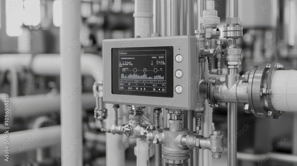 Poster a control panel displays data amidst industrial pipes, highlighting a modern automation system in a 
