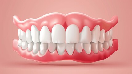 Fototapeta premium 3D anatomical model of human teeth and gums with detailed upper and lower jaw alignment on a pink background. Educational tool for dental studies, orthodontics, and oral health training. Generative AI