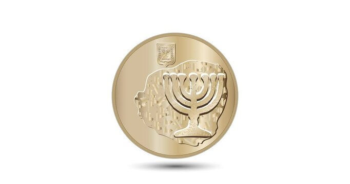 Coin, Israel, 10 Agorot. 1984 to 2017. Obverse of Israel ten agorot coin.The coin appear on the screen with a captivating style. Animated vector coin. Money animation.