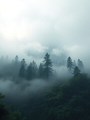 A foggy mountain landscape with soft focus on the trees and undergrowth, mysterious ambiance, foggy environment, overgrown vegetation, mountain scenery, isolated setting