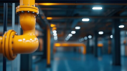 A close-up of a yellow industrial pipe in a spacious warehouse setting, highlighting modern lighting and clean lines.