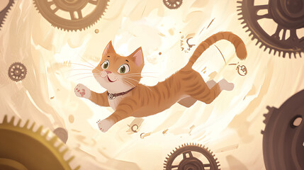 mainsprings and old clock parts were flying about, with a beautiful cat haapy and smile running