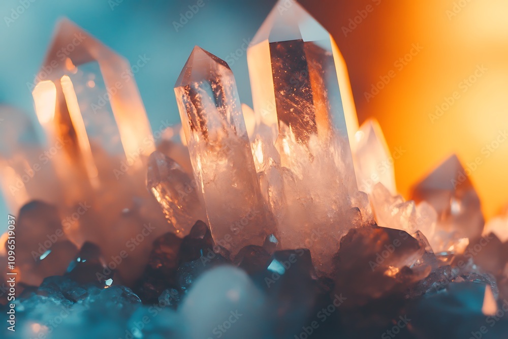 Poster Sparkling quartz crystals cluster illuminated with warm and cool light.