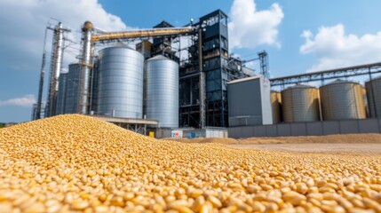 A grain storage facility with silos filled with yellow corn, showcasing agricultural production and industrial farming against a blue sky.