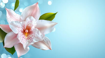 beautiful pink orchid flower with delicate petals and green leaves