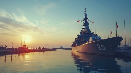 Fototapeta premium A naval ship docked at sunset, reflecting on calm waters.