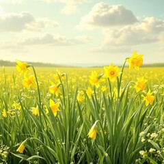 Obraz premium A group of daffodils standing tall and proud in a lush green meadow, with the sun shining down on them, nature, outdoors, landscape, sunshine