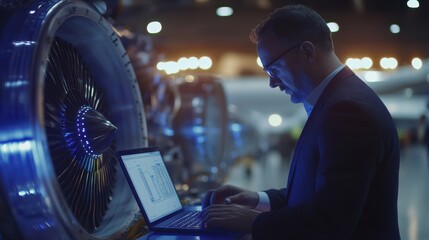 A focused professional inspects an aircraft engine while working on a laptop in a well-lit hangar environment.