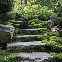 Fototapeta premium Stone steps ascend a lush, mossy hillside.