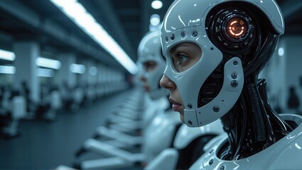 A humanoid robot with a red camera eye in a futuristic lab, showcasing advanced technology and sleek design. Generative, AI.