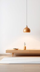 A minimalist living room with a wooden shelf, a white rug, and a golden light fixture.