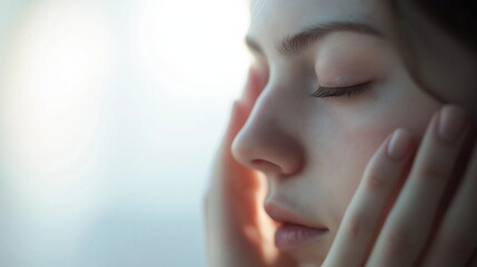 両手で顔を包み込むようにスキンケアしている白人女性の画像