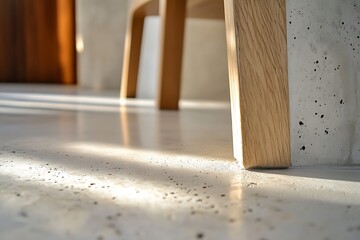 Sunlight illuminates wooden legs of a chair on a polished concrete floor.