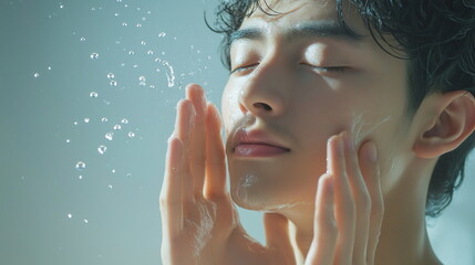 両手で顔を包み込むように頬に手を当ててスキンケアしているアジア系男性の画像