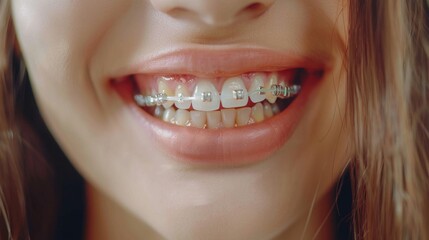Fototapeta premium Close-up of a smiling girl with dental braces. Orthodontic treatment for teeth alignment and oral care. Generative AI