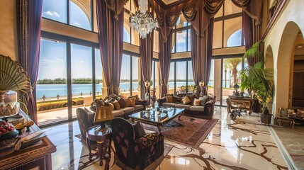 Dubai Luxury Seaside Villa - roomy Escape with Lavish Decor, Floor-to-Ceiling Panoramic Views of the Arabian Gulf, and Exquisite Features like Crystal Chandeliers and Marble Floors