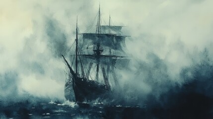 Obraz premium Ancient Sailing Ship In A Misty Sea