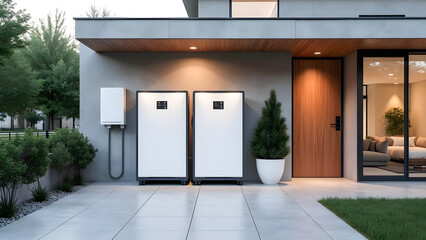 Modern Home Exterior with Sustainable Energy Storage Units