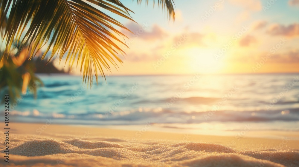 Poster a beautiful beach scene with a palm tree in the foreground