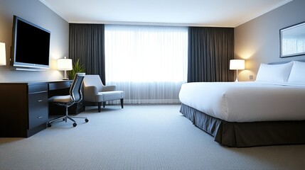 Spacious and stylish hotel room featuring a comfortable bed, an office desk, and ample natural light from a large window