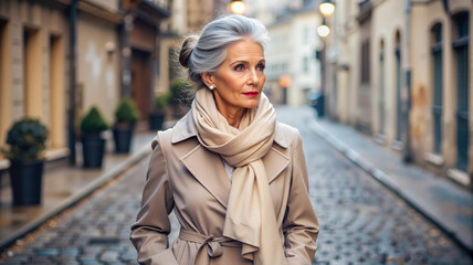 Fototapeta premium Stylish senior woman walking in cobblestone alleyway
