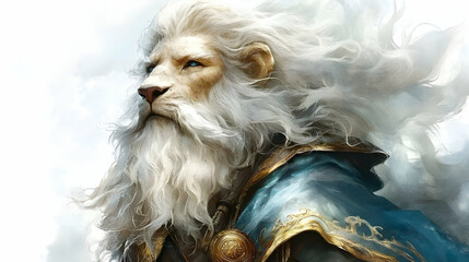 Naklejka premium Majestic White Lion with Flowing Mane, Digital Painting Illustration