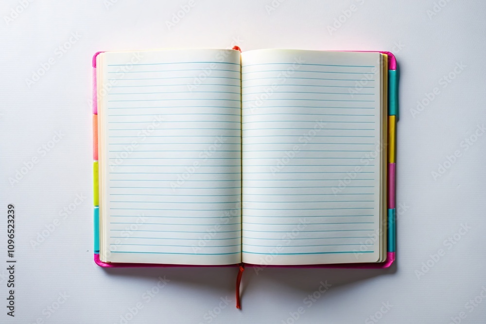 Poster aerial view of an open blank lined notebook isolated on a white background perfect for note-taking, 