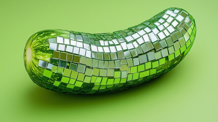 A cucumber adorned with mirror mosaic on a vibrant green background