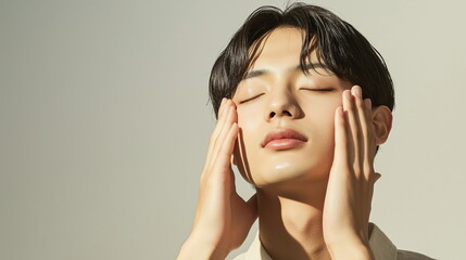 両手で顔を包み込むように頬に手を当ててスキンケアしているアジア系男性の画像