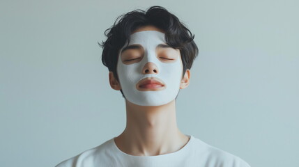 顔パックしてリラックスしているアジア系男性の画像