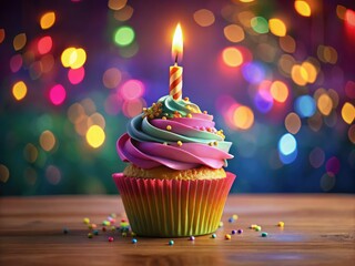 Delightful birthday cupcake topped with colorful frosting and a candleâ€”ideal for parties, celebrations, and festive moments, bringing joy to every occasion. Enjoy the sweetness!