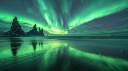 captivating Northern Lights cast stunning glow Icelands striking black sand beaches framed dramatic volcanic landscapes