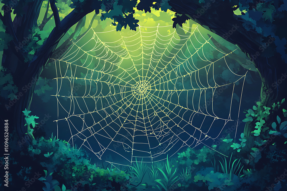 Poster a serene forest scene featuring a delicate spider web illuminated by soft light.