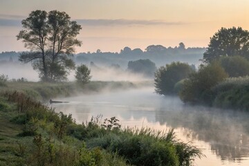 Fototapeta premium misty morning atmosphere on the riverbank, atlantic salmon river, early morning, peaceful atmosphere
