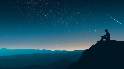 Silhouette of man sitting on mountain and night sky with shooting star. Alone concept