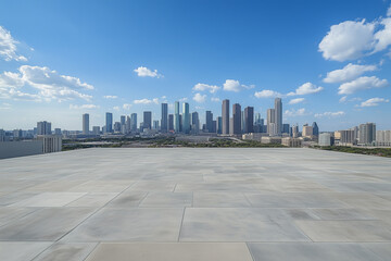 Obraz premium Empty Rooftop with City Skyline and Clear Blue Sky