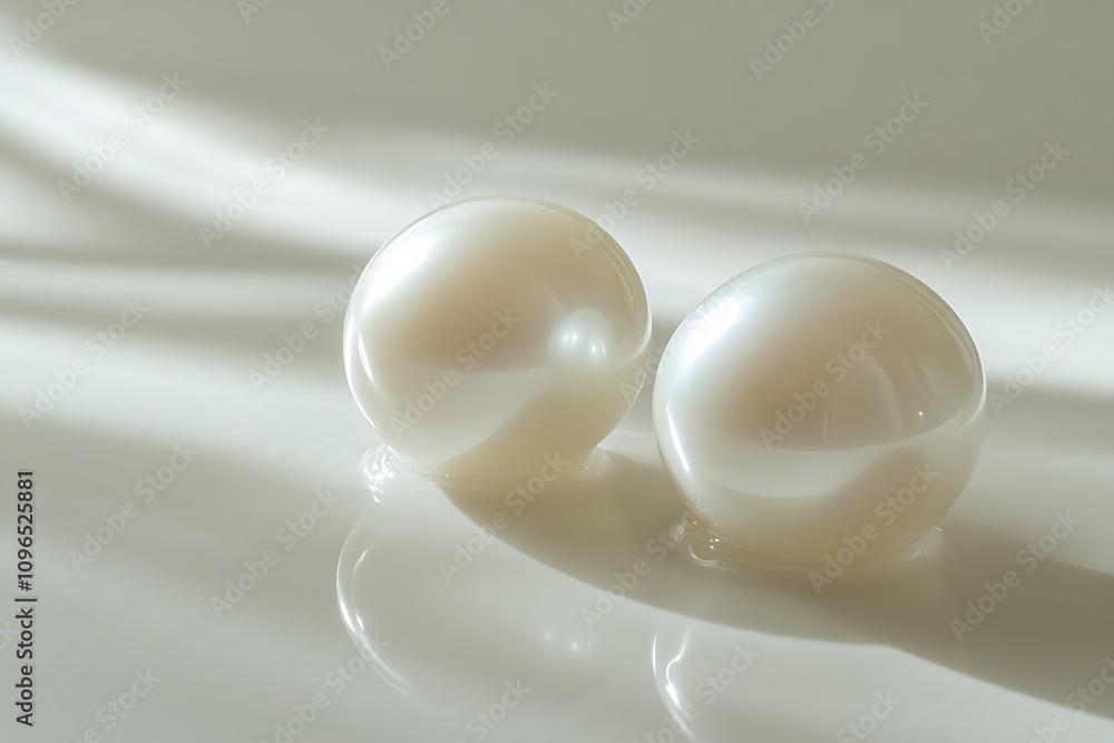Poster two lustrous pearls rest on a reflective surface, illuminated by soft light casting delicate shadows
