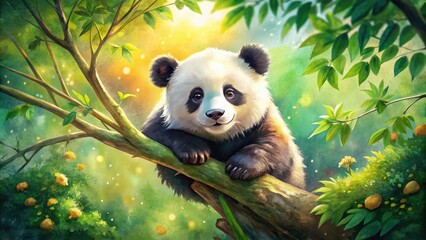 Fototapeta premium Delightful watercolor art featuring a cute panda cub playfully clinging to a tree, surrounded by a colorful forest scene, celebrating the beauty of nature and wildlife.