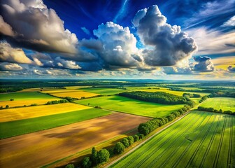 Obraz premium Aerial View of Expansive Open Field Under Dramatic Cloudy Blue Skies Showcasing Nature's Beauty and Serenity in a Breathtaking Landscape Photography Scene