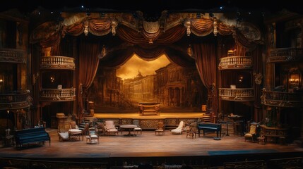 Naklejka premium Theatrical stage decorations, interior, furniture for performance. Ancient rich Theatre drama hall awaits audience. Art of acting. Actor courses. Bright stage lights. Event room. Live entertainment.