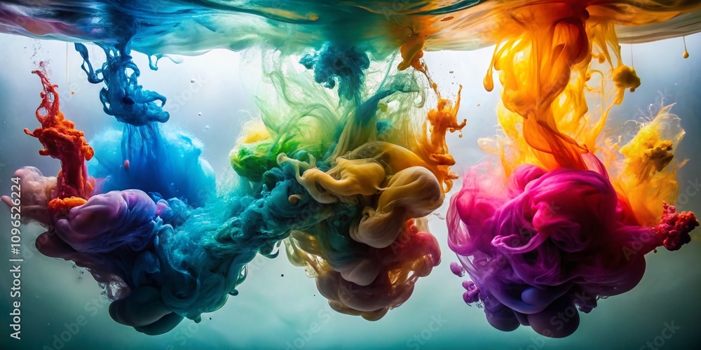 Poster Aerial View of Five Colorful Ink Drops Blending in Clear Water Creating Abstract Art Patterns in a Liquid Environment Captured from Above in High Definition for Creative Inspiration