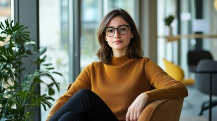 Focused Female Manager Seated in a Modern Office Setting, Exuding Confidence and Professionalism in a Stylish Environment