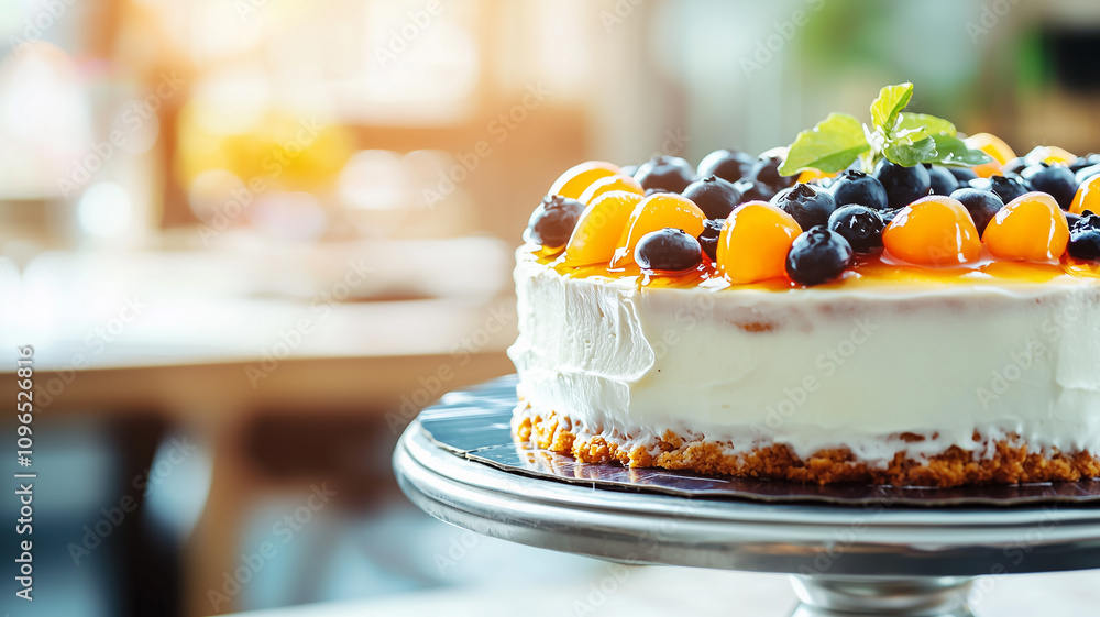 Poster delicious fruit topped cheesecake with blueberries and apricots on cake stand, set in bright and inv
